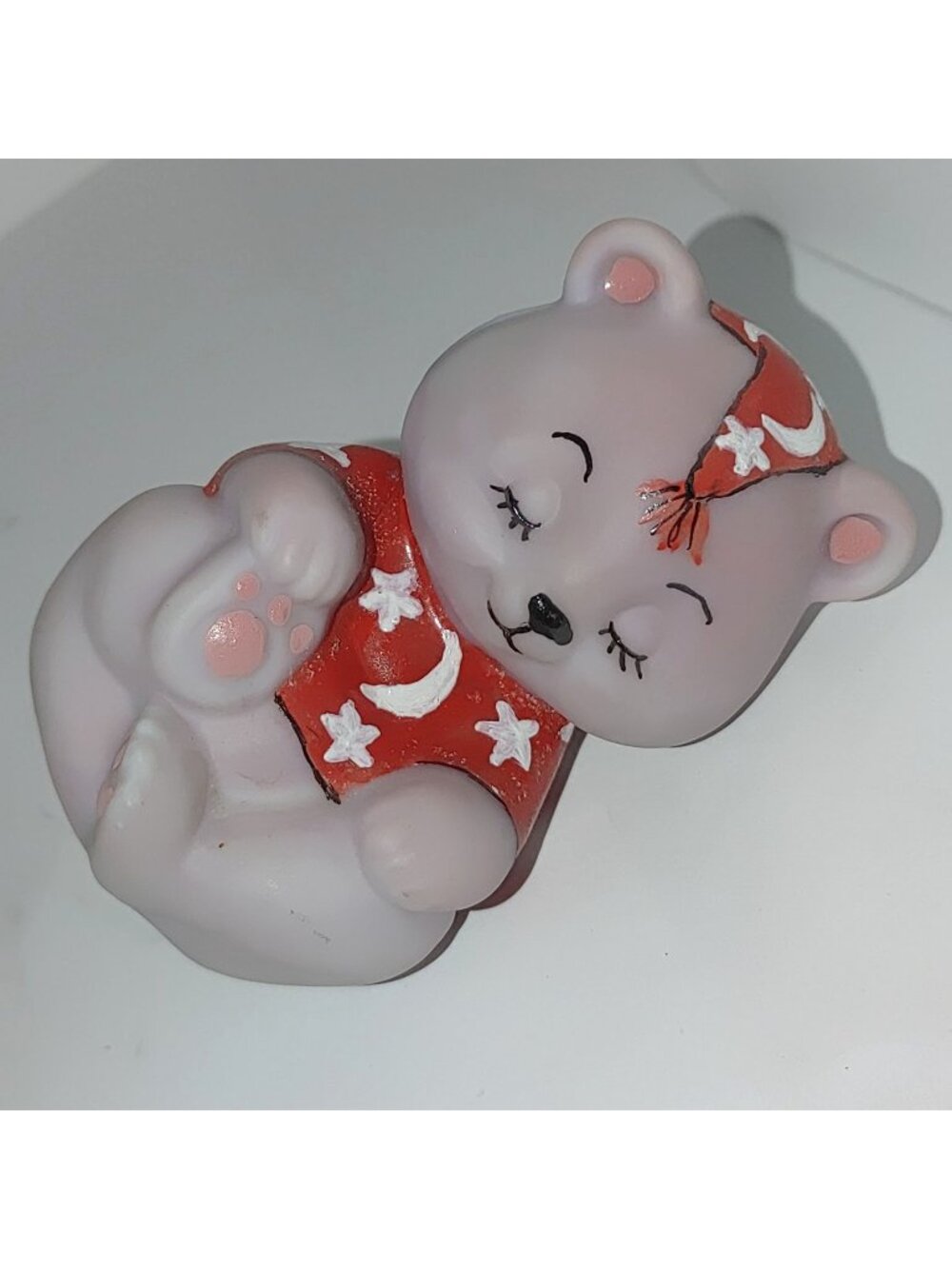 Fenton Satin Sleeping Bear Hand Painted By Marilyn Wagner Red Moon Star Pajamas